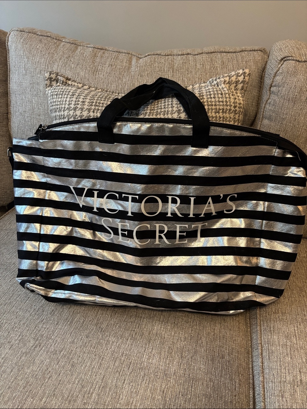 Victoria's Secret Silver & Black Striped Travel Bag